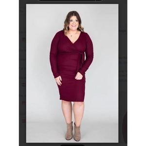 Pink Lily Ribbed Long Sleeve Tie Front Midi Burgundy Dress 2XL
